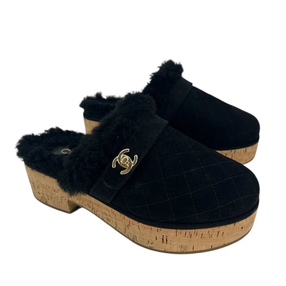 Chanel 21A Black Shearling‎ CC Turn Clasp Quilt Cork Mules Size 36